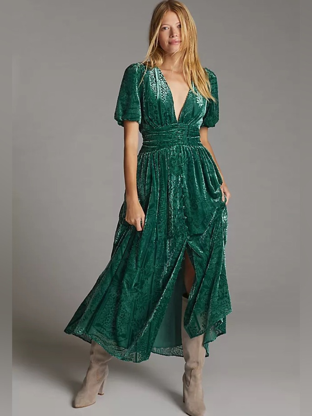 Anthropologie Emerald Green Velvet Burnout Burnout Midi Maxi Dress 4 NWT